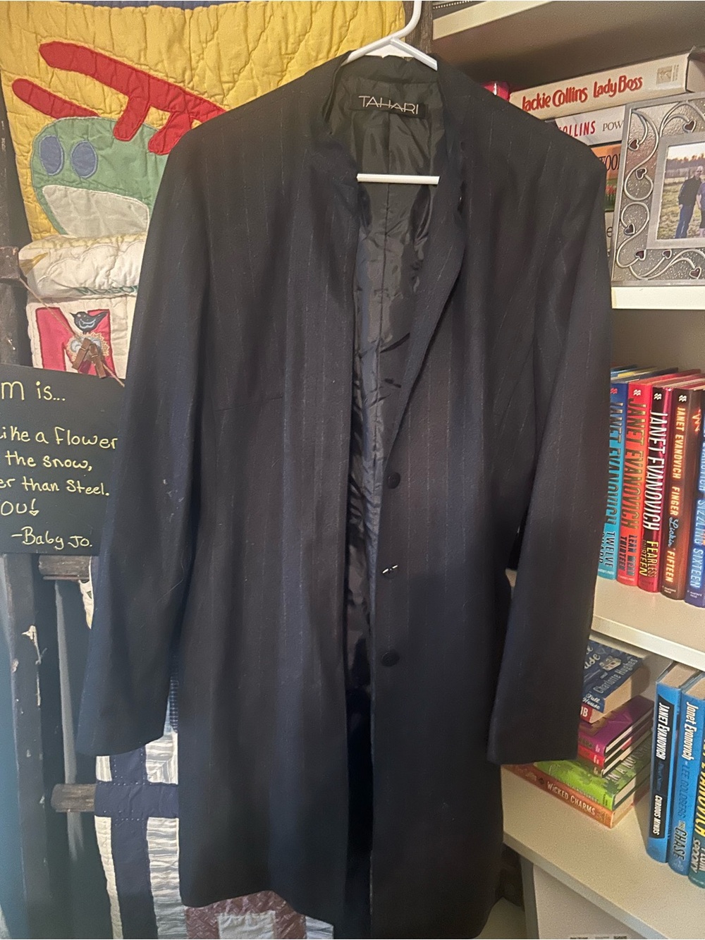 Tahari Black Pinstripe Long Blazer Coat